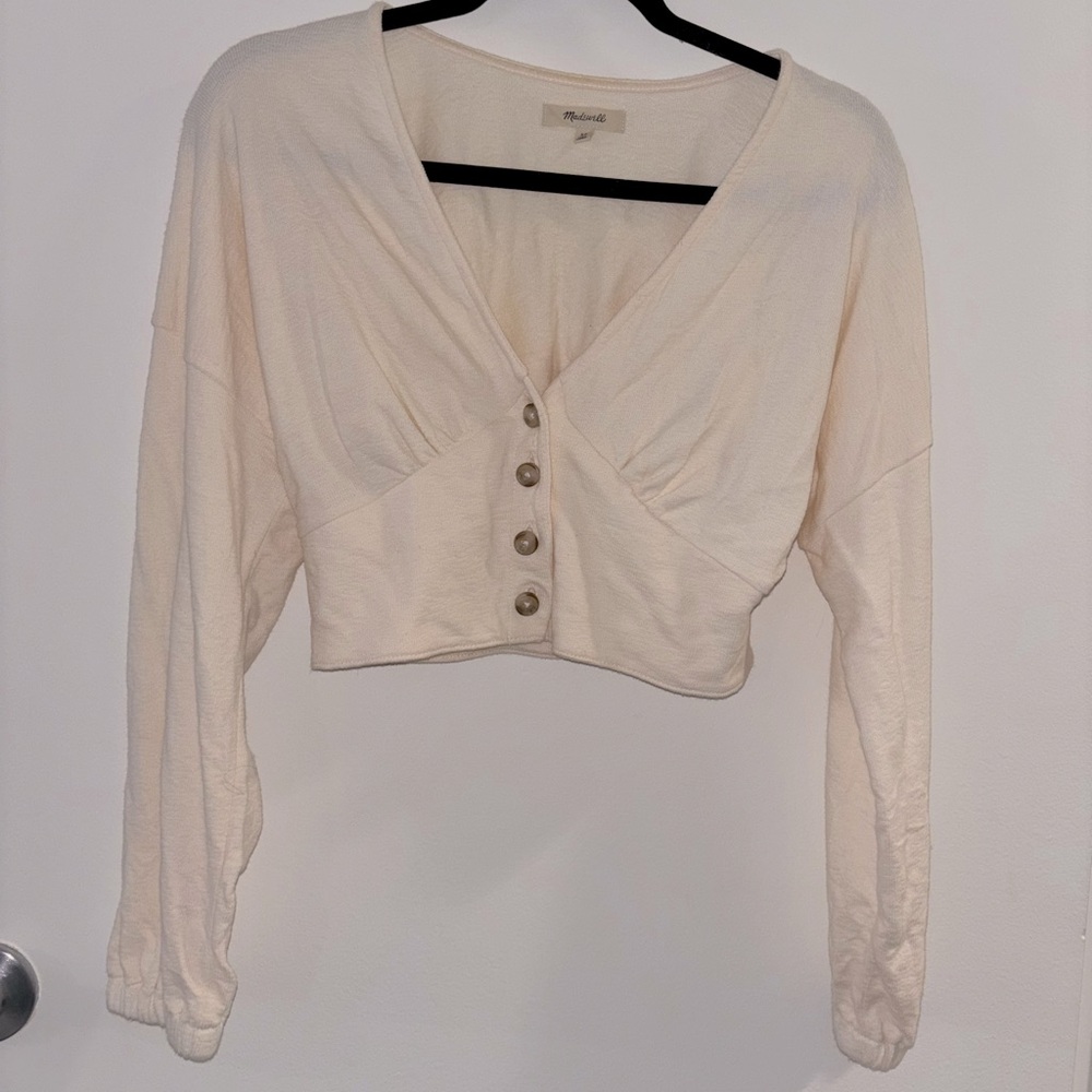 MADEWELL IVORY LONG PUFF SLEEVES DEEP-V BUTTON-FRONT CROP TOP SIZE XS